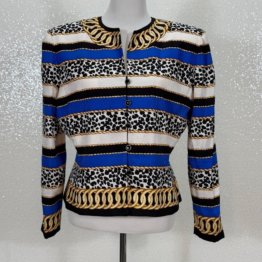 Adrianna Papell 100% Silk Chain Leopard Print Jacket Blazer Blue Gold Size 14